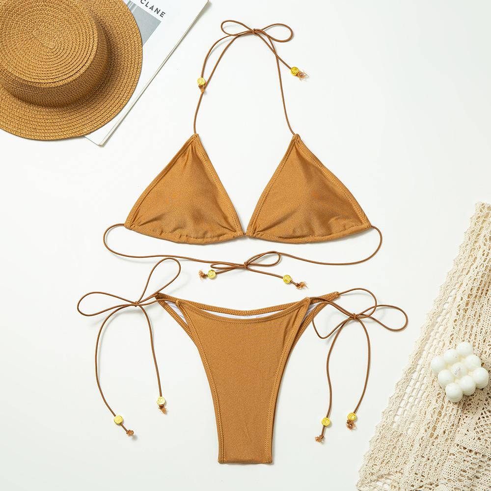New solid color nylon bikini suit straps split swimsuit women's multi-color