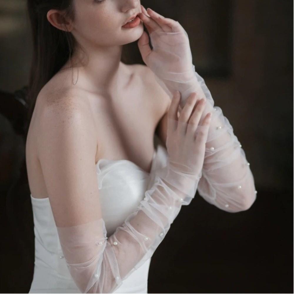 Pearls Wedding Fingerless White Gloves Transparent Mesh Arm Covers Elegant Bridal Gloves  Wedding