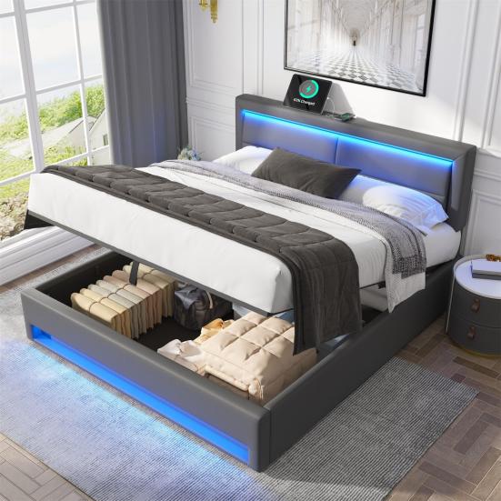 Gepolstertes Bett Großer Stauraum LED-Beleuchtung Stabiler Rahmen Robuste Doppelkonstruktion mit USB-Anschlüssen Modernes Holzlattenrost Funktional