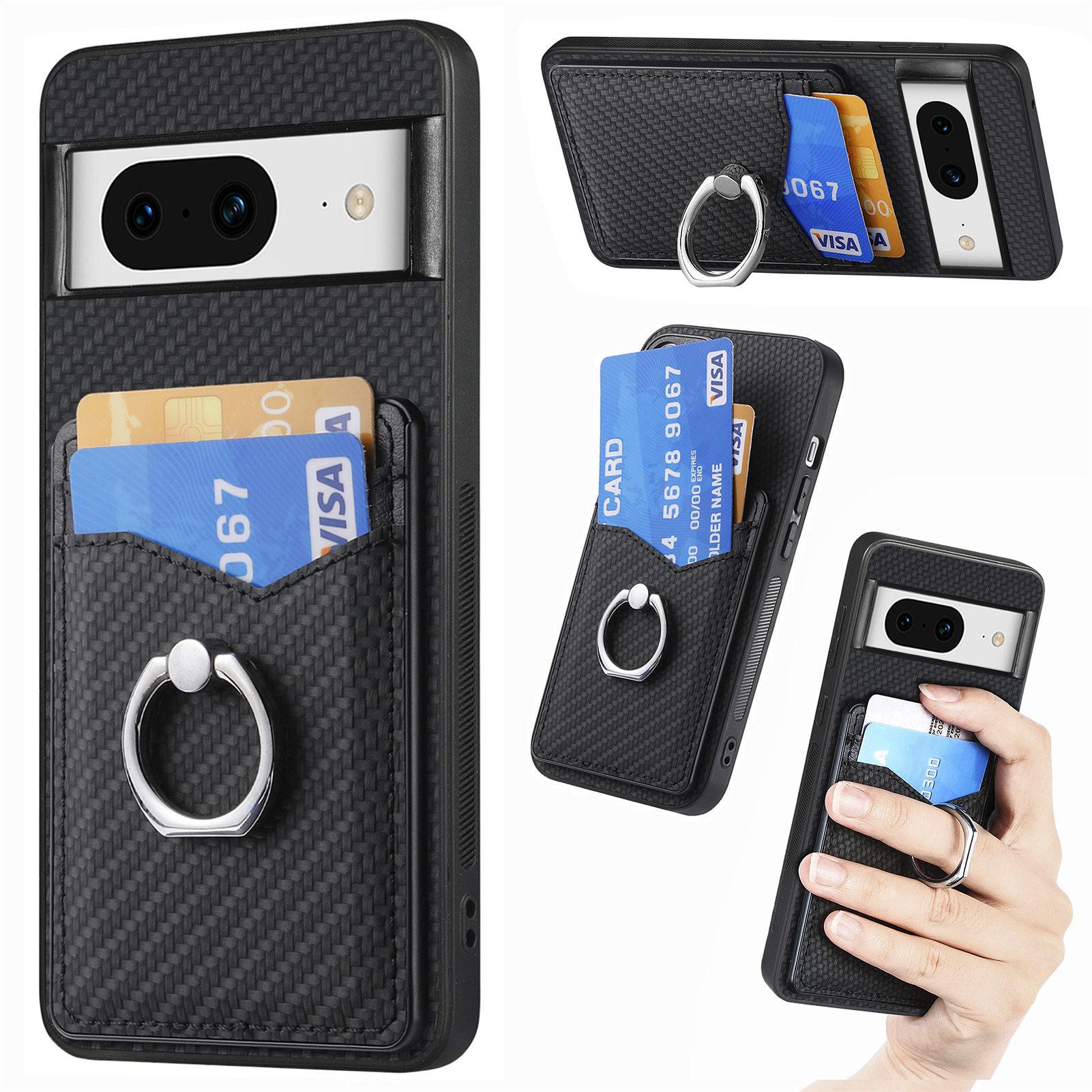 

For Google Pixel 8 Case PU Leather Coated PC+TPU Phone Cover with Ring Holder Card Slots Black
