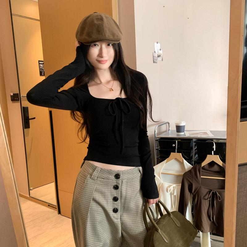 Women s High-End Square Neck Lace-Up T-Shirt – Slimming, Petite Fit Base Layer for Autumn/Winter 2025 Small чёрный