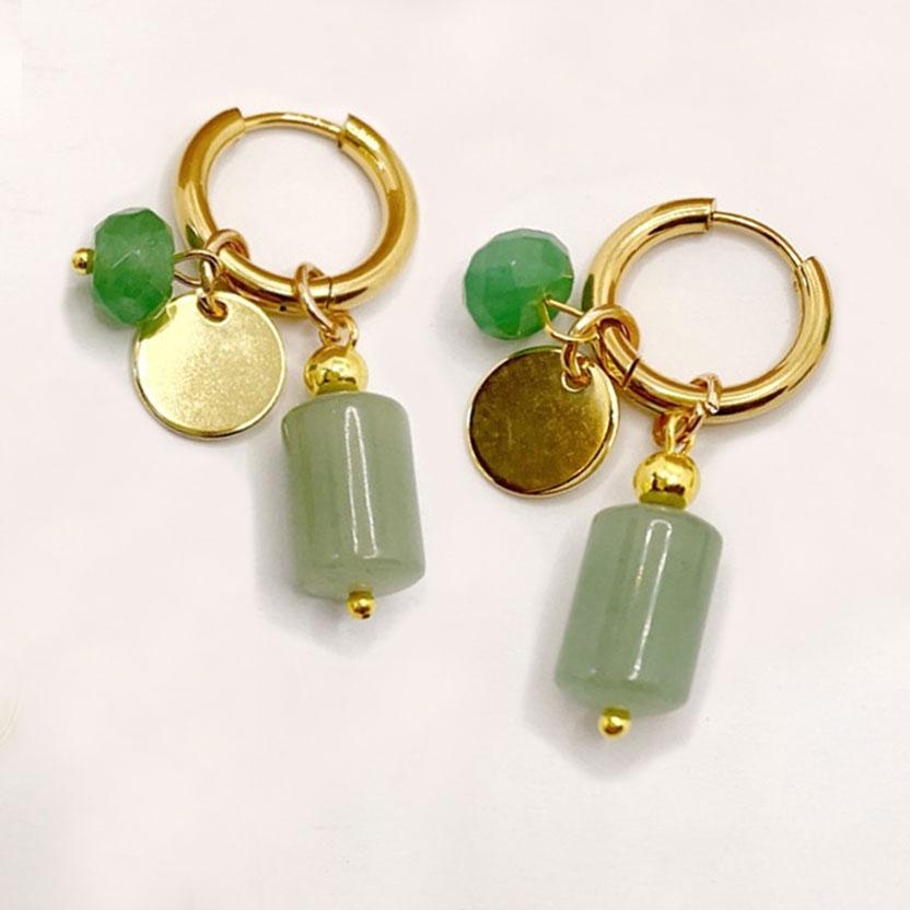 Punk Verguld Roestvrij Staal Oorbellen met Ring voor Vrouwen Vintage Groene Strass Bedeltjes Trendy Waterdichte Sieraden Cadeaus