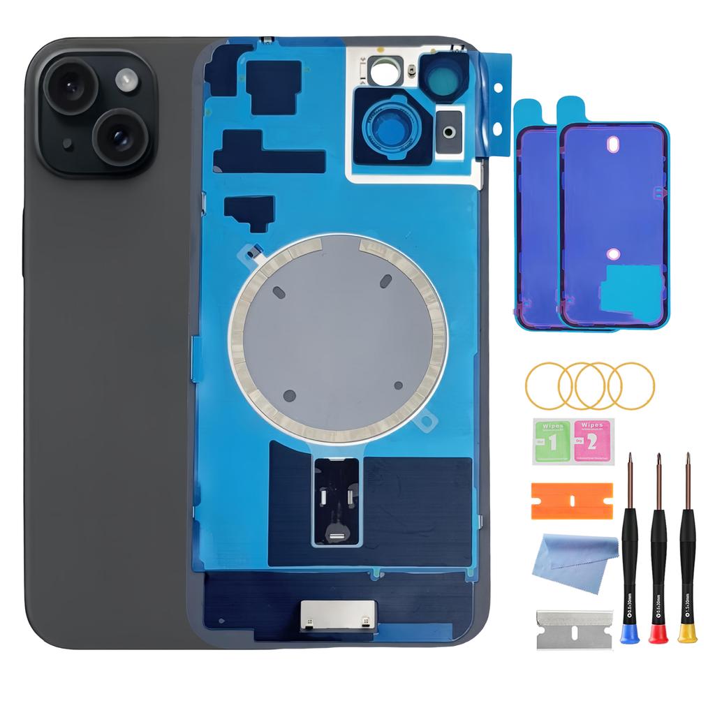 Back Housing for iPhone 15 (6.1-inch) with Glass Rear Cover, Middle Frame, SIM Tray and Repair Tools