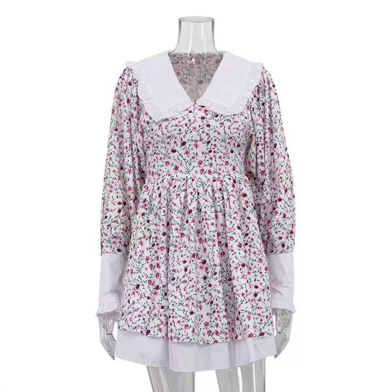 

New Doll Collar Print Elegant Lantern Sleeve Waist Hugging Dress Doll Collar Printed Dress Pink L