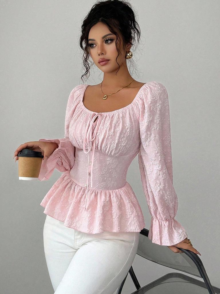 Camisa de Design Outono Novidades Gola V Amarração Manga Longa Top