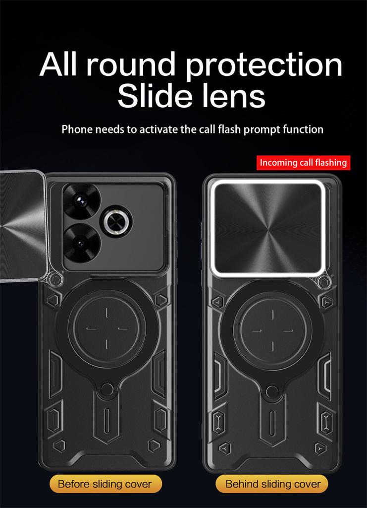 For Xiaomi Poco M6 4G Case Slide Lens Armor Phone Case For Poko Little M 6 Pocco M6 PocoM6 Car Magnetic Ring Holder Back Cover