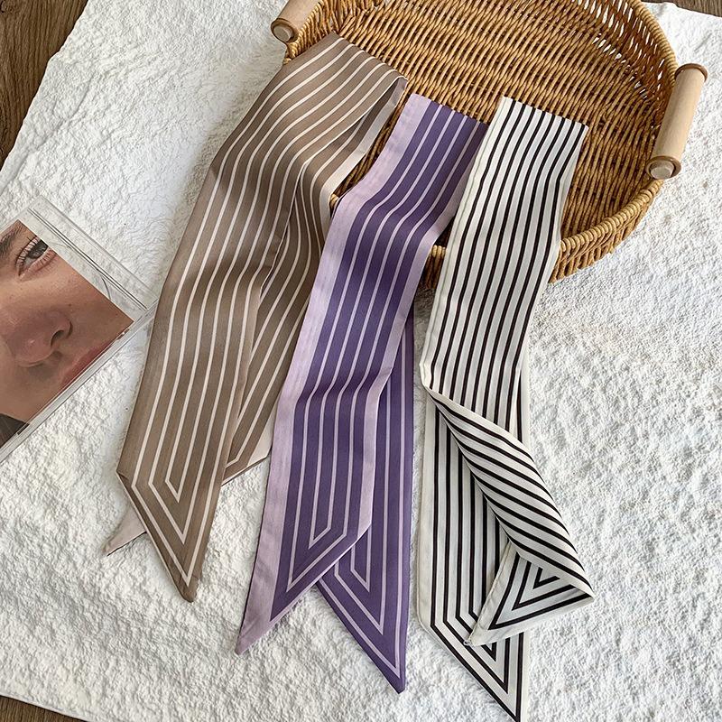 Stylish and simple striped silk scarf temperament versatile long scarf hair tie bag decoration multi-functional small streamer