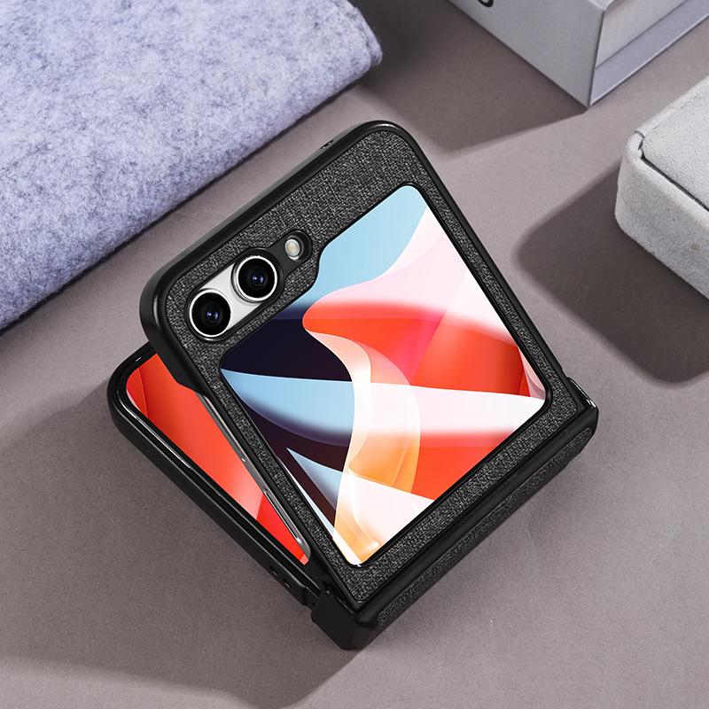 For Samsung Galaxy Z Flip6 5G Case Leather+PC Phone Cover with Rear Screen Film and Hinge