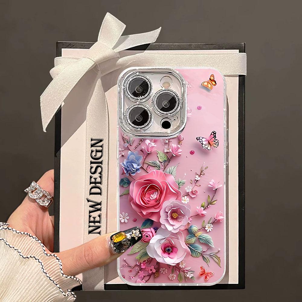 Beautiful Butterfly Flower Glacier Texture Case For iPhone 17 Air 16 15 14 13 12 11 Pro Max Plus With Glass Lens Protector Cover