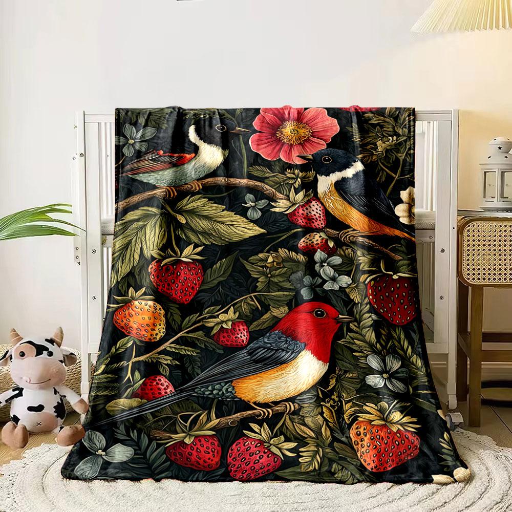 Colorful birds, strawberries, flowers, and green foliage on dark background. for all seasons blanket lunch break throw gift 80cm x 120cm