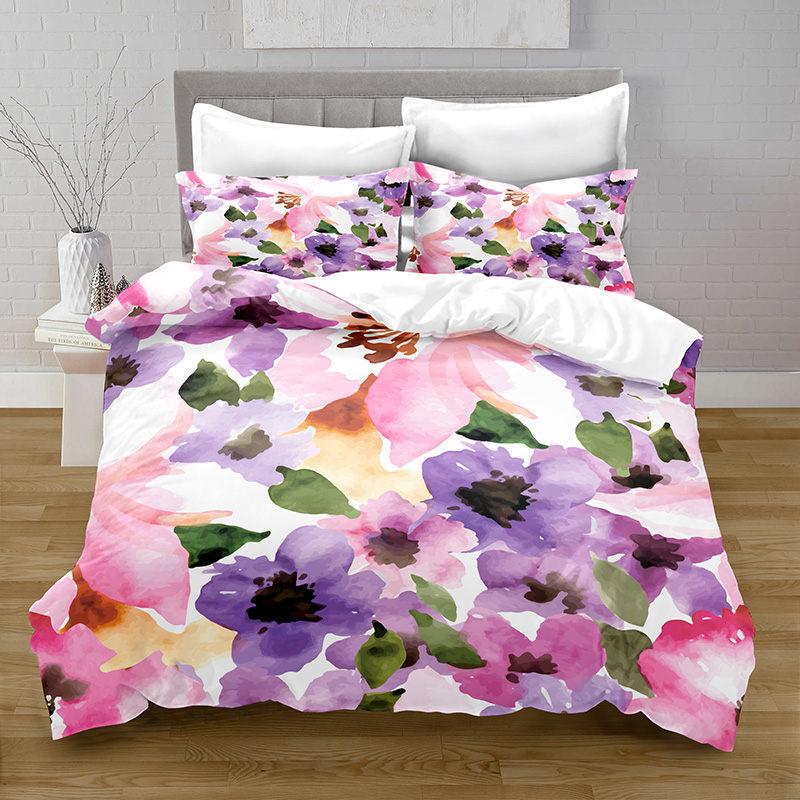 Colorful Flower Green Leaf Bedding Three-Piece Quilt Cover
