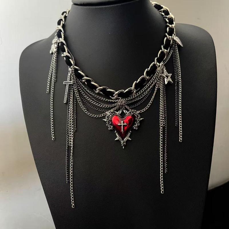 Stylish Red Heart-Star Leather Necklace with Tassel