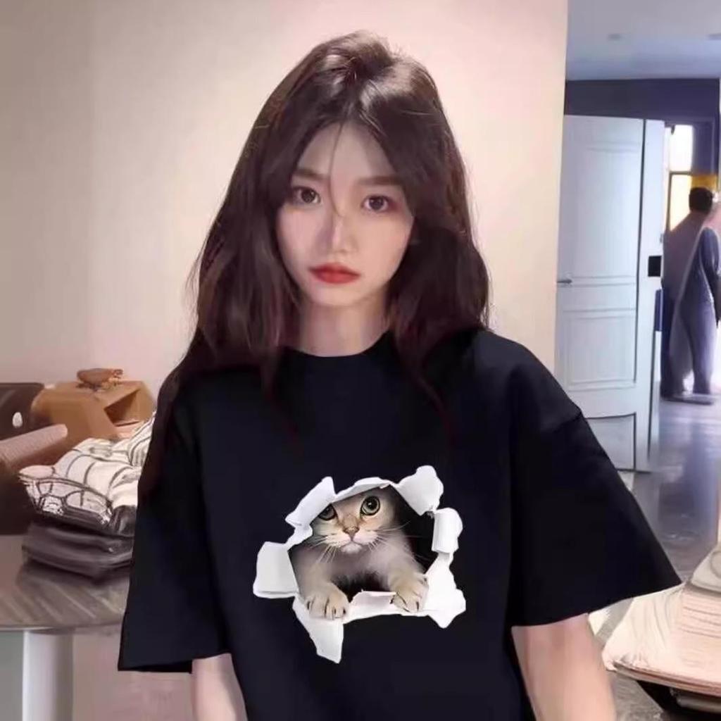 Women's Cute Kitten Print Loose Short Sleeve T-Shirt - White, Niche Design, Round Neck, Spring/Summer Trend