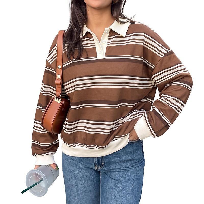 Womens Oversized Retro Striped Polo Collar Sweatshirt Fall Winter 2026 Loose Fit Long Sleeve Casual Top