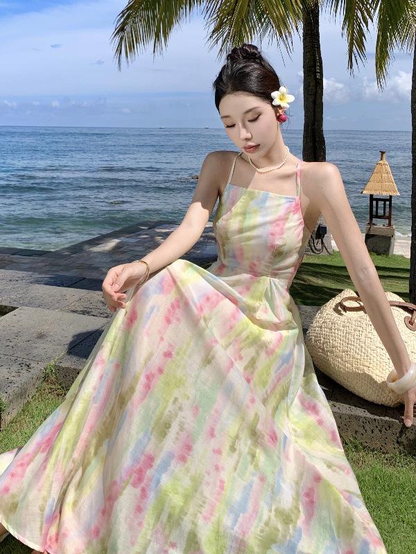 

Backless Spaghetti Strap Oil Painting Style Dress with Lace-Up Design Small