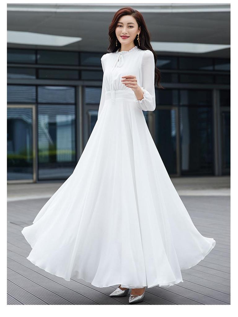 White Flowing Chiffon Beach Dress with Large Hem Skirt - Summer Long Style for Women
