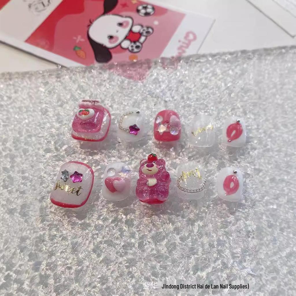 Strawberry Bear Short Wearable Nails - Cute Cartoon Design, Gentle Whitening, Handmade Finished Manicure Patches