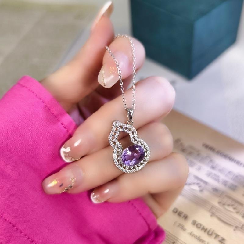 Women's S925 Sterling Silver Gourd Necklace Natural Crystal Topaz Garnet Clavicle Chain Jewelry Gift