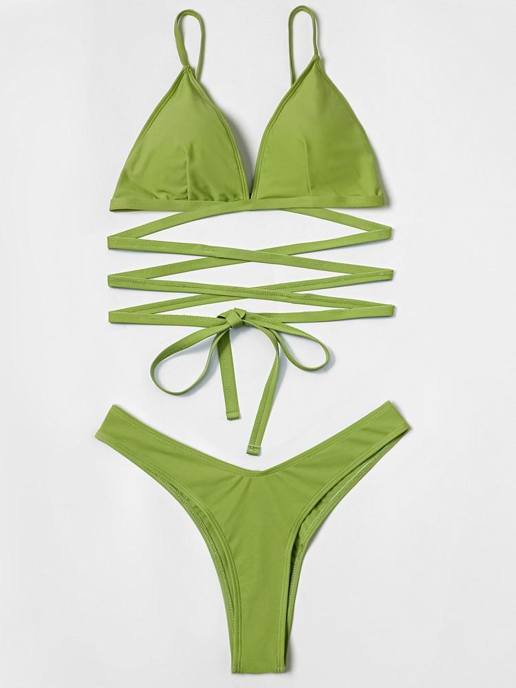 Yi Yong 2024 European & American High Elasticity Solid Color Wrap Tie Bikini Swimsuit