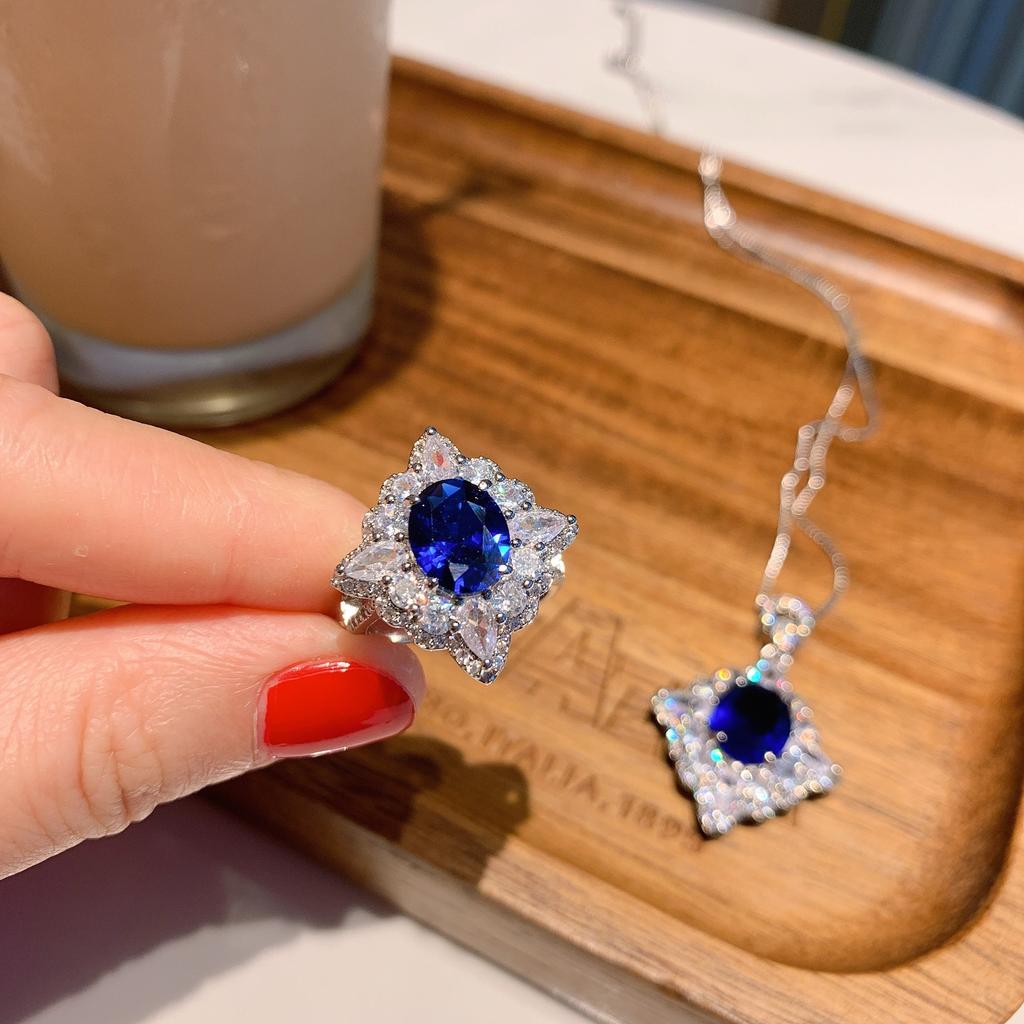 Jewelry Popular Simulation Blue Glass Pendant Necklace Ring Set Hanging 10 * 12 Ring 8 * 10