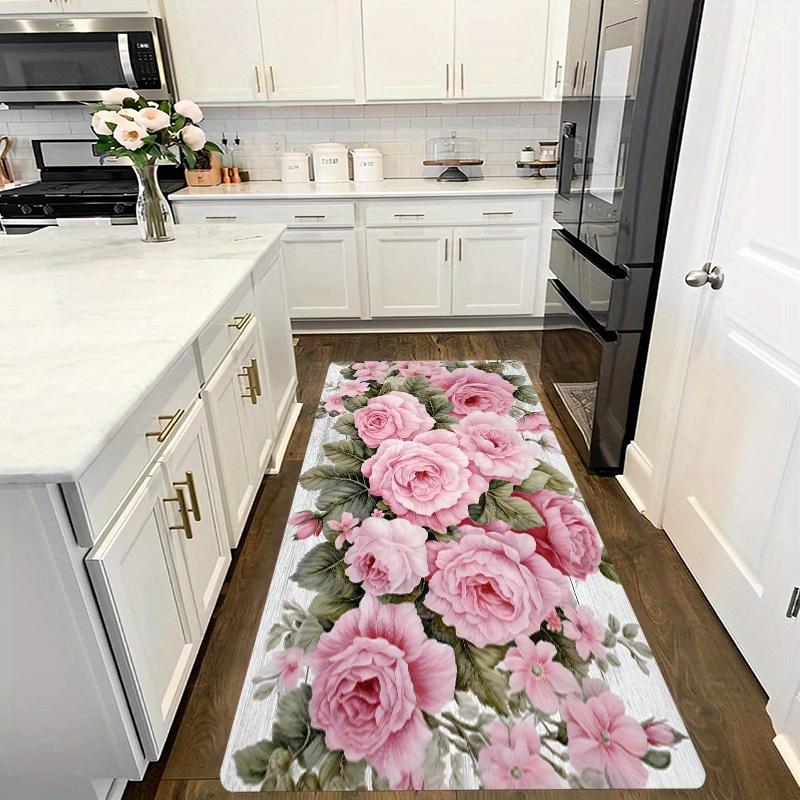 1Pcs Pink Floral Pattern Floor Mat Modern Kitchen Polyester Rug Non-Slip Colorful Indoor Carpet, For Home Bathroom Bedroom Living Room Decor