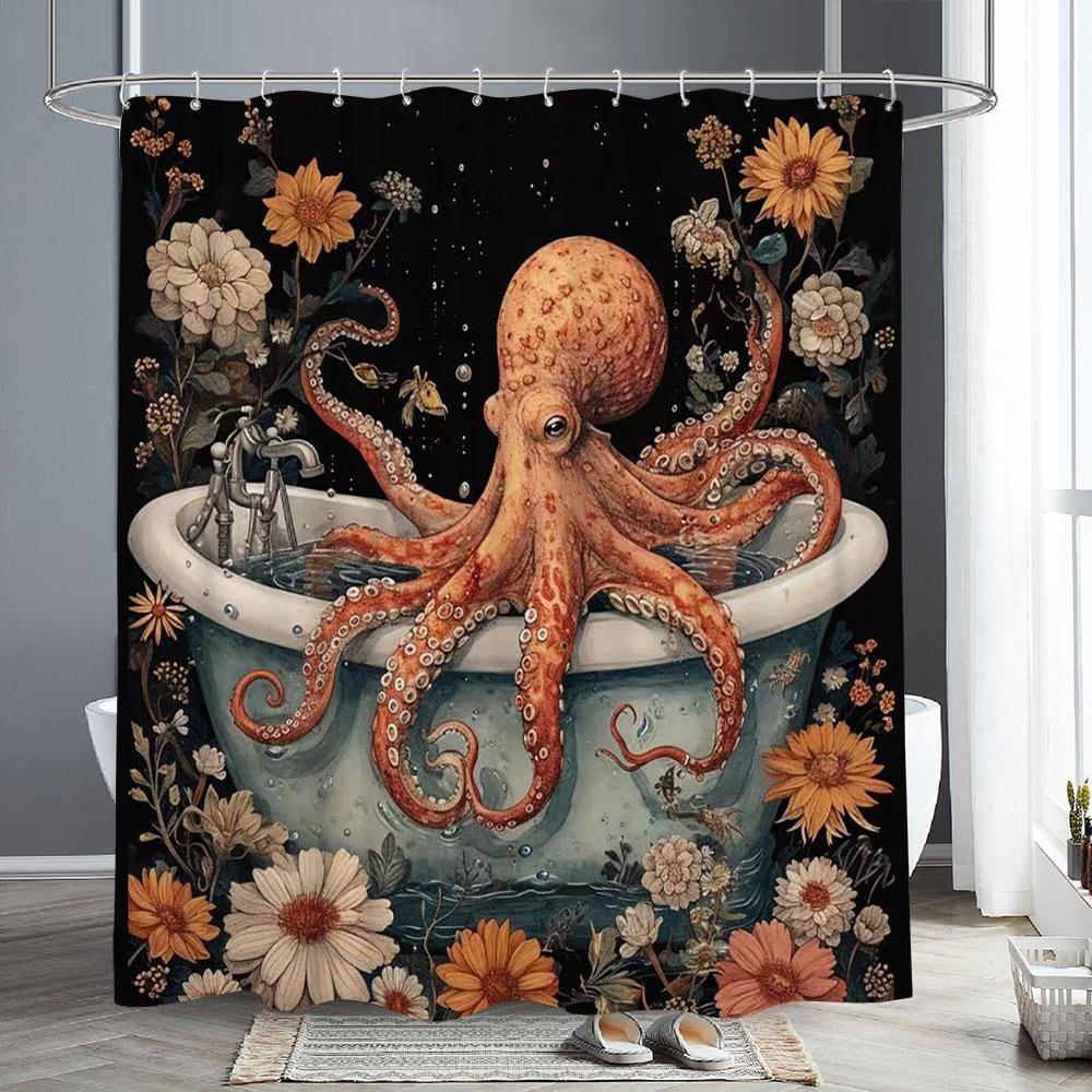 Nautical Octopus Shower Curtain Fun Giant Tentacles Sea Creatures Beach Pirate Maps Polyester Fabric Bath Curtain Bathroom Decor