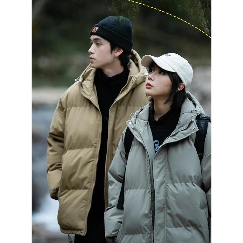 Couple's Winter Loose Hooded Solid Color Thick Warm Cotton Jacket