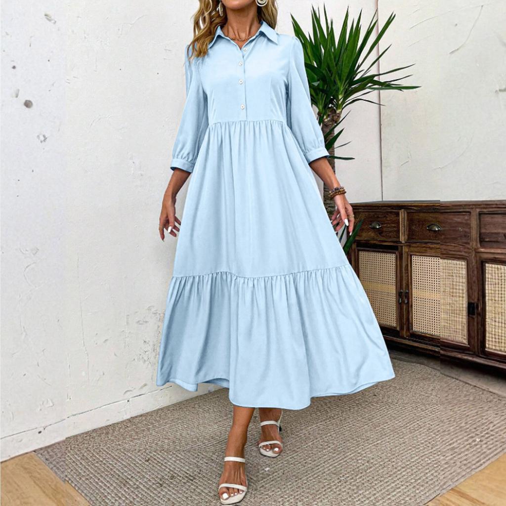 Fashionable Ladies Spring And Summer Solid Color Three-quarter Sleeve Casual Lapel Wide Swing Dress