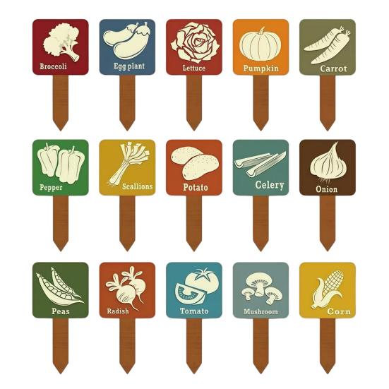 Yousheng 15Pcs Wooden Plant Labels, Vintage Waterproof Garden Markers for Vegetables Herbs, Solid Wood Stakes with Pointed Tip & English Names, 15pcs