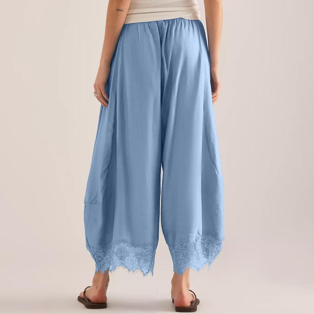 Women's Relaxed Fit Elastic Waist Wide Leg Pants with Lace Hem Casual Style Lightweight Fabric for Everyday Wear
