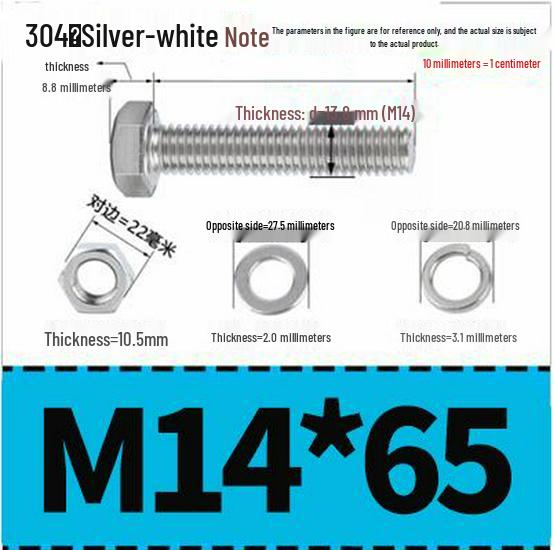 304 Stainless Steel Hex Head Bolt and Nut Set M6-M14, Lengths 8-100mm