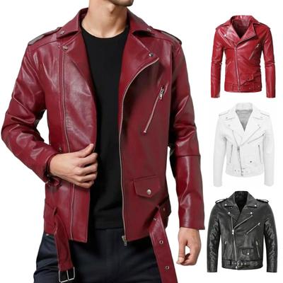 Men Jacket Slim Fit Faux Leather Solid Color Coat with Diagonal Zipper Belt Adjustment Windproof Coat