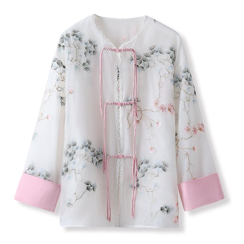 

Guofeng buckle flower branch printing mulberry silk jacket women s spring and autumn top M embroidery Guofeng embroidery buckle L