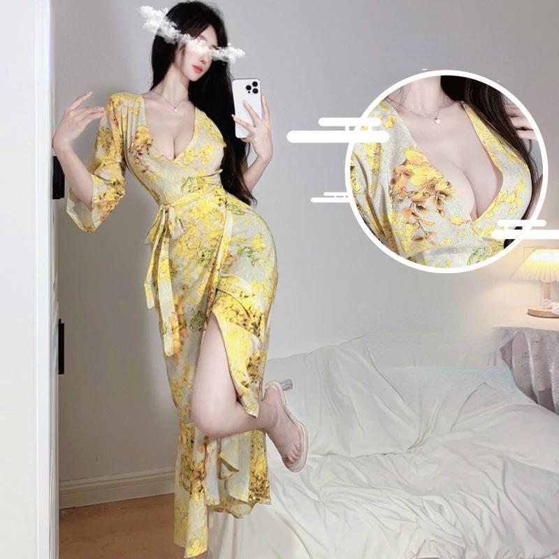 

Желтое боевое платье Цельное платье с цветочным принтом во французском стиле Красное платье с запахом и цветочным принтом Праздничные длинные пляжные платья