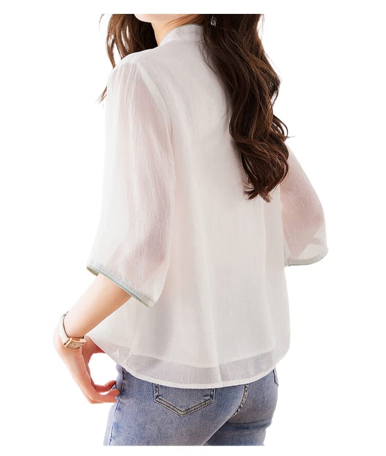 Atopddan Short Sleeve Chinese Button Summer Chiffon Blouse with Casual Top for Work or Casual Size XL Women's Shirt, Embroidery, Wear, White,