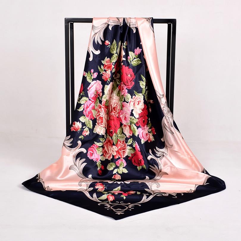 [BYSIFA] Coffee Women Silk Scarf Shawl Winter Elegant Brand Floral Large Square Scarves Wraps Fashion Muslim Head Scarf Blue,Red