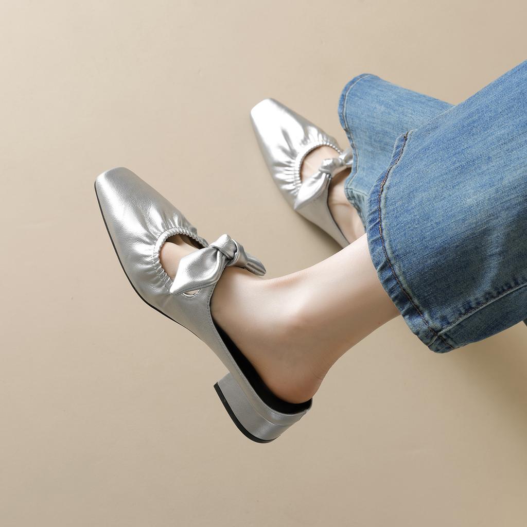 Bow Baotou Half Slippers Women's Outer Wear Summer Folds Thick Heel Empty Sandals