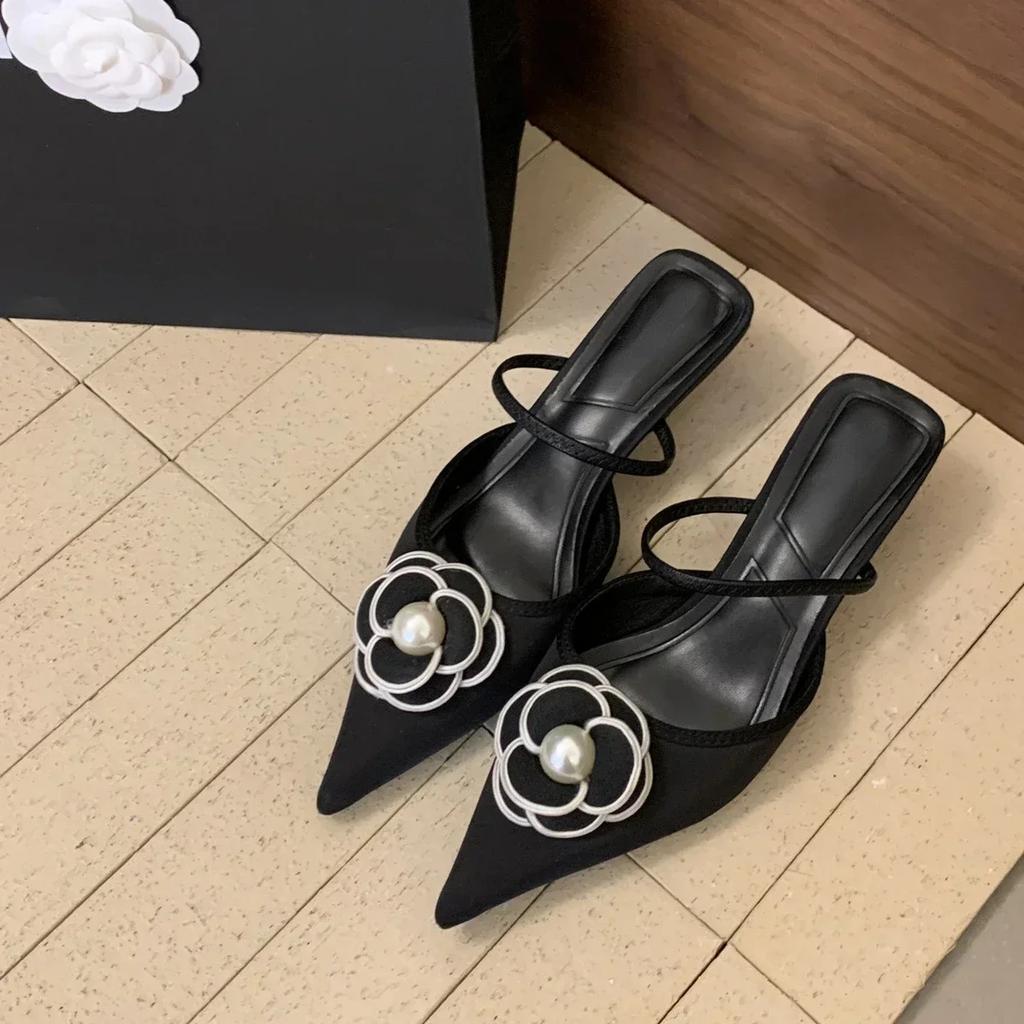 Fashion Flower Pointed Toe High Heels Women Luxury Designer Sandals Female Summer Elegant Fashion Pumps Woman Flower Mule Slippers Women