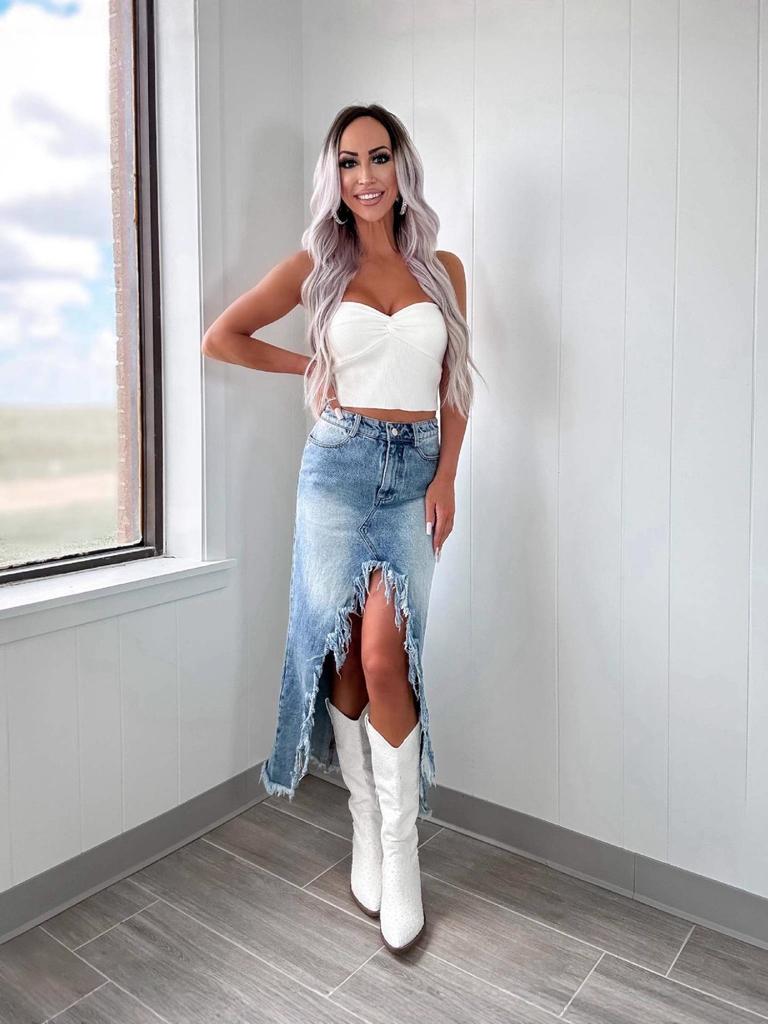 High-Waisted Irregular Frayed Hem Vintage Washed Denim Midi Skirt - Spring 2025 Collection