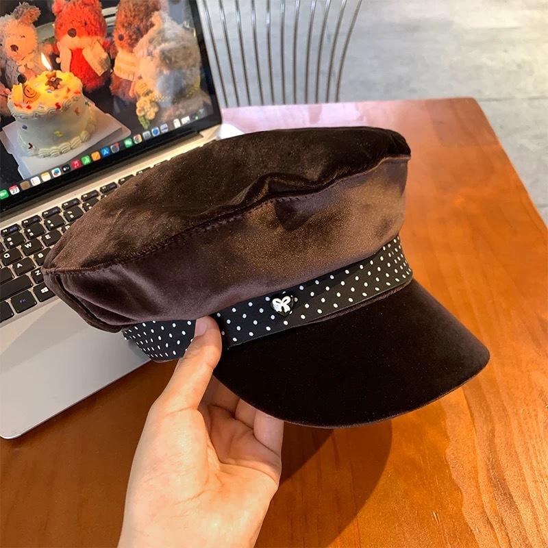 Autumn new atmosphere polka dot velvet sweet versatile octagonal hat British retro literary style beret