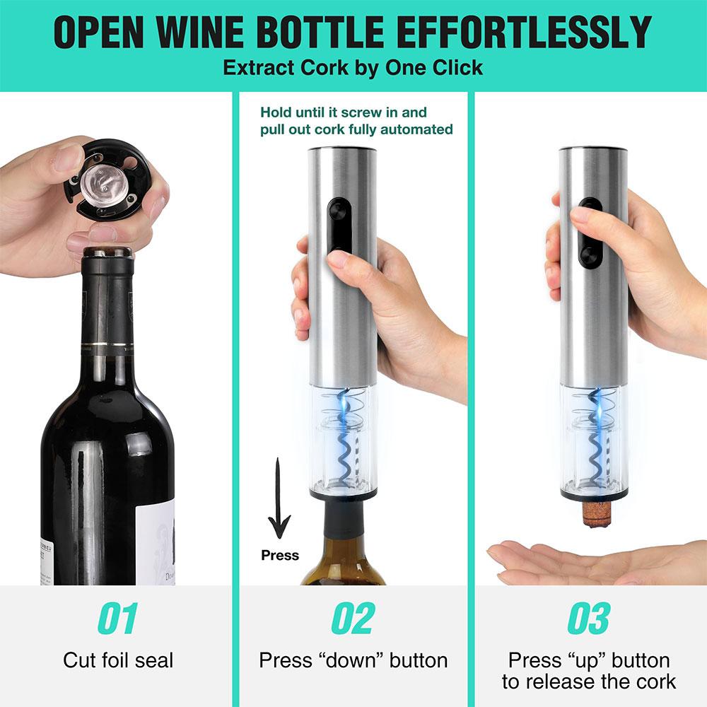 Electric Wine Bottle Opener With Foil Cutter Stainless Steel Battery Operated Wine Opener Set Automatic Corkscrew for Party Tool