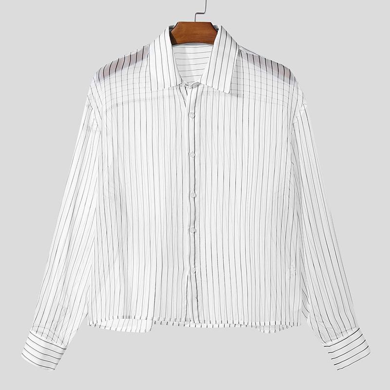 

INCERUN Большие летние мужские рубашки с воротником-лацканом и длинным рукавом в полоску, прозрачные, повседневные 5XL