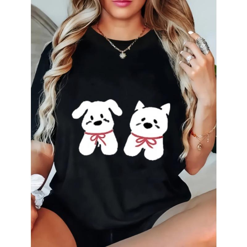 

Cute Dog Print Loose T-Shirt Black Two White Dogs With Red Bow Cartoon Design Casual Wear For Women Summer Outfits Daily Fashion Top XXXXL