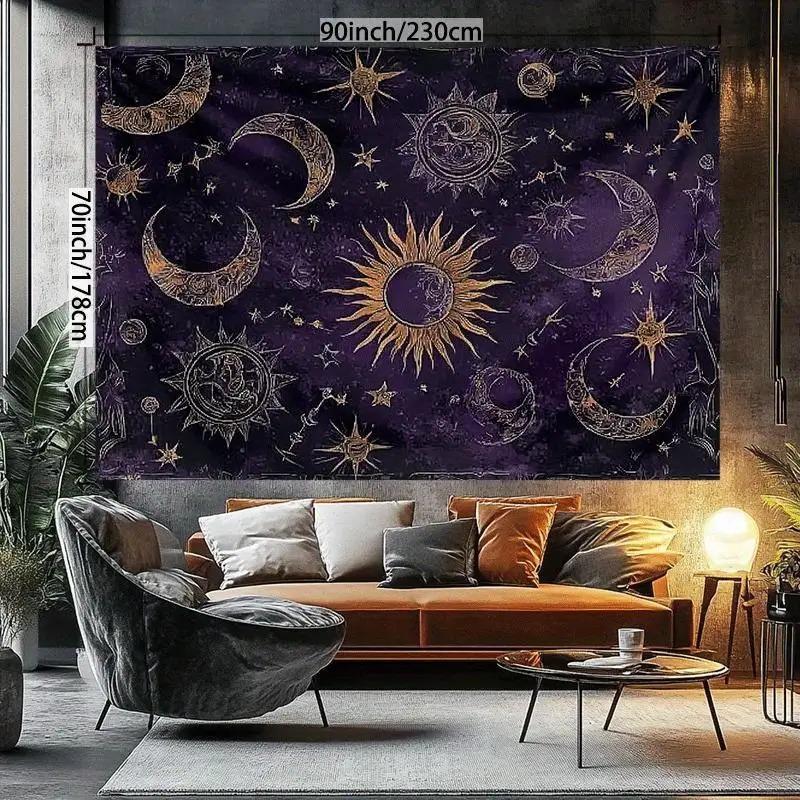 Vintage Celestial Sun Moon Tapestry  Boho Gold Purple Starry Sky Wall Hanging for Living Room Bedroom Gothic Decor