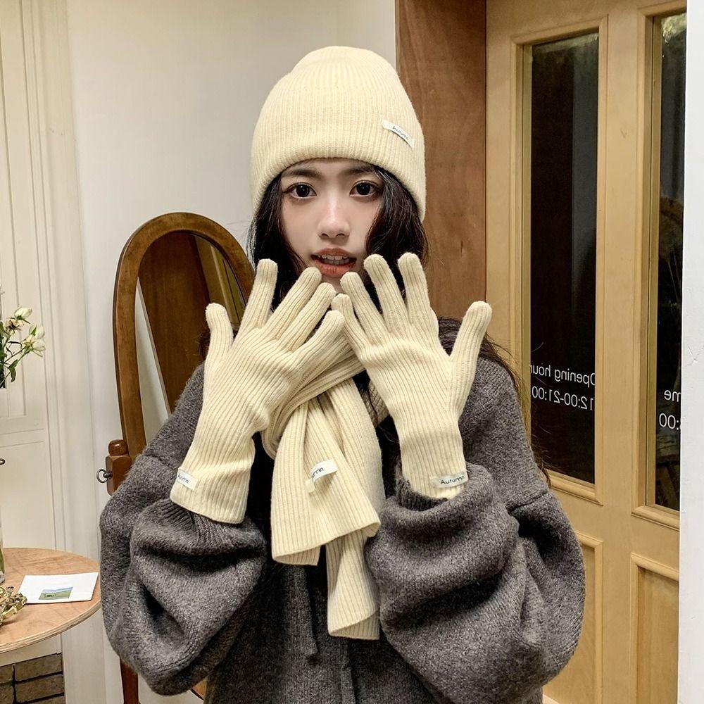 Solid Color Hat Scarf Gloves Set Warm Winter Beanie Hat Neck Warmer Thermal Knit Cap Hiking