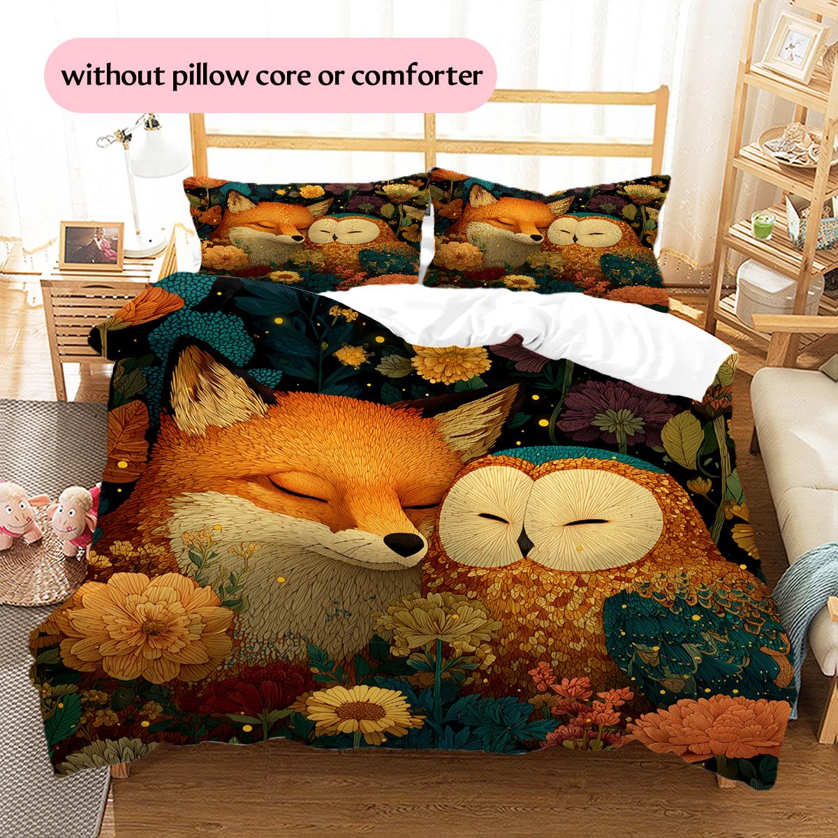 Owl and Fox  Pattern Bedding Quilt Set Quilt Cover Pillowcase Home Decoration  Gift (1 * duvet cover + 2 * pillowcase, without core) 135x200cm
