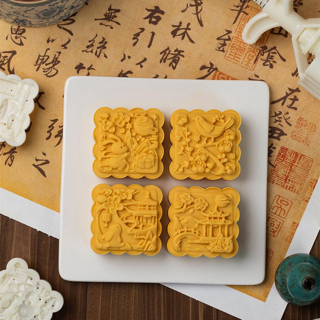 75g 3D Square Mooncake Mold ABS Plastic Baking Tool With Traditional Rabbit Fish Pattern For Mid Autumn Festival