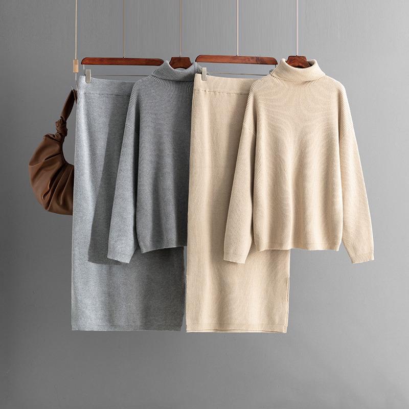 Pullover sweater two-piece set women's autumn and winter new solid color split knitted skirt set