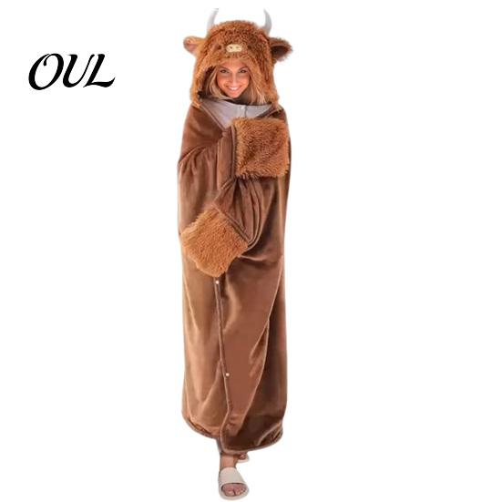 Lightweight Velvet Gown Animal Wearable Blanket Hoodie for Women, Oversized Flannel Sweatshirt Soft Loungewear Blanket, Button-Up Cosplay Cape