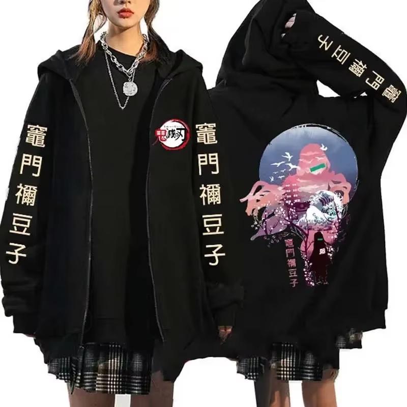 Japanese Anime Demon Slayer Zipper Jackets Sweatshirt Nezuko Kamado Mange Zip Up Hoodies Kimetsu No Yaiba Cartoon
